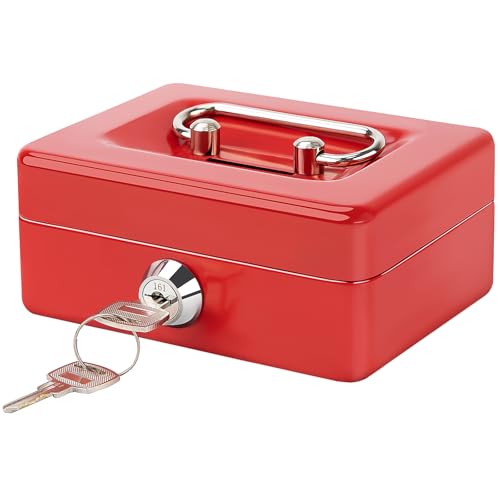 Small Cash Box with Lock and Slot - Jssmst Metal Coin Bank Piggy Bank for Adults and Kids, Red(SMCB0303N)