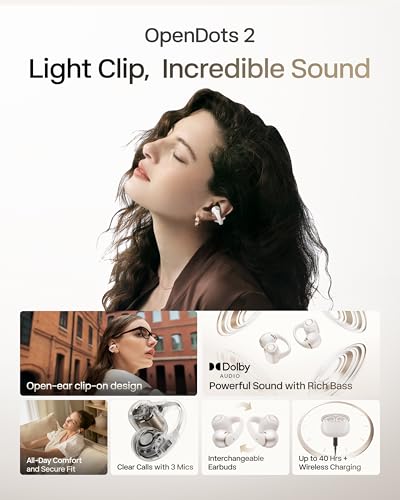 Image of SHOKZ OpenDots 2 Open-Ear Clip-On Earbuds with Upgraded Dolby Audio, 3-Mic Clear Calls, Rich Bass, Up to 40 Hrs of Audio, Wireless Charging, Interchangeable Left /Right Earbuds, IP57, Bluetooth 6.1