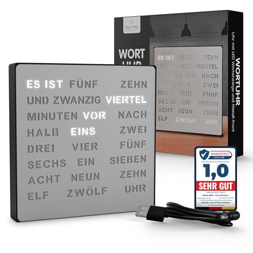 Bada Bing LED Wortuhr Silber mit Deutscher Wort Anzeige - edle Metall Uhr mit USB Kabel Wanduhr modern - Tischuhr hochwertig lautlos zum Aufstellen/Aufhängen - Deko Geschenk Männer Geburtstag Büro