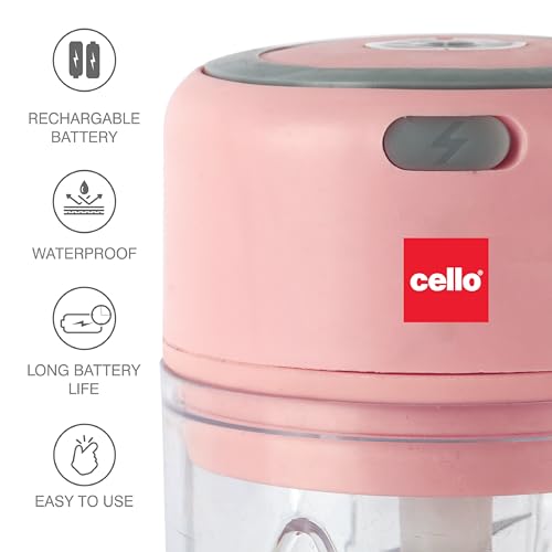 Image of Cello Reva Multi Functional Electric Chopper | Stainless Steel Blades & Unbreakable Bowl | One Touch Operation | Rechargeable and Portable | Perfect For Quick Chopping, Mincing & Processing | Pink