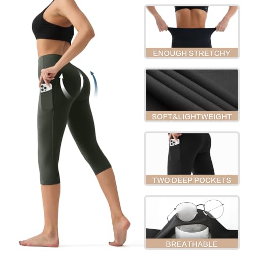 Image of YUDSUD High Waisted Leggings for Women with Pockets - Tummy Control Capris Yoga Pants for Workout Running Athletic Cycling