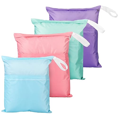 Image of Frienda 4 Pieces Wet Dry Bag for Baby Waterproof Reusable Washable Diaper Bag Sealed with Handle for Travel, Beach, Swimsuit, Diapers, Dirty Gym Clothes and Toiletries (Macaron)