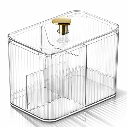 Image of KiZY Cotton Swab Holders, Acrylic Cotton Pad Holder, Qtip Holder with Lid, for Bathroom Canister Storage Organization, Vanity Cosmetic Makeup Organizer (Transparent, B)