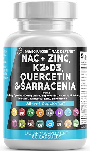 Clean Nutraceuticals NAC Supplement N-Acetyl Cysteine 1000mg Vitamin D3 K2 Zinc Quercetin 1000mg Sarracenia Purpurea 1000mg with Elderberry Holy Basil Bee Propolis Bromelain L-Lysine - 60 Count