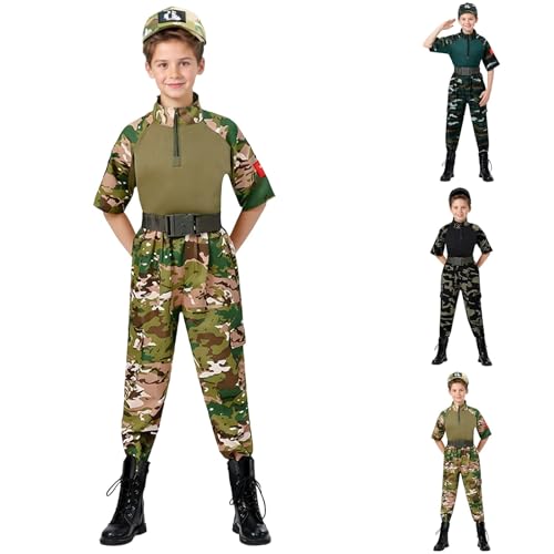 Déguisement Militaire Enfant, Déguisement Carnaval Militaire Camouflage Costume Garçon Tenue Armée 2 Pièces Hauts à Manches Courtes et Chapeau Pantalon...