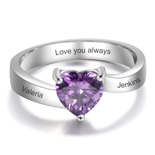 Sterling Silver Promise Ring For Her, Solitaire Big Heart Birthstone Ring for Women, Engraved Customized Personalized Sizes 5-11