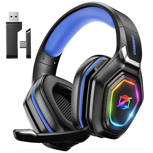 Ozeino Wireless Gaming Headset with Microphone, 2.4G & Type C Transmitter - 40h Battery Life - RGB Lighting Gaming Headphones for PS5, PS4, PC, Phone (Blue) Ozeino Wireless Gaming Headset with Microphone, 2.4G & Type C Transmitter - 40h Battery Life - RGB Lighting Gaming Headphones for PS5, PS4, PC, Phone (Blue)