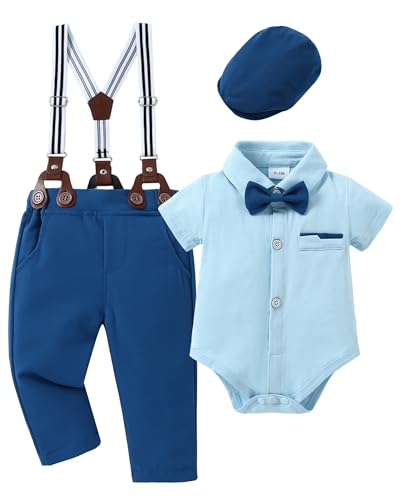 Image of CARETOO Baby Boy Clothes Suit Infant Gentleman Boy Outfits Dress Shirt/Bowtie/Suspender Pants Set 0-18 Months