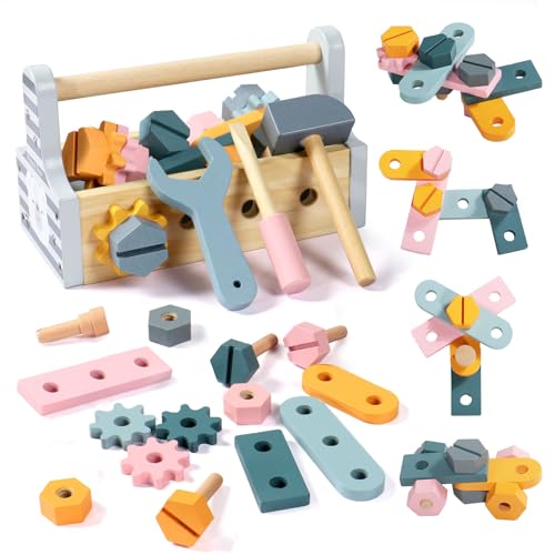 Caja Herramientas Maletin Herramientas Juguetes Niños 2 3 4 Años Montessori Juegos Educativos Cajas de Madera Bricolaje Construcción Manualidades Pascua Regalos Cumpleaños Niñas 2 3 4 5 Años 21 Piezas