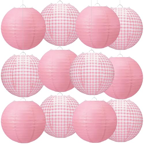 Honoson 12 Pcs Pink Gingham Paper Lanterns Decoration10 Inch White and Pink Checkered Plaid Round Chinese Hanging Lanterns for Baby Girl Shower Wedding Birthday Picnic BBQ Decoration