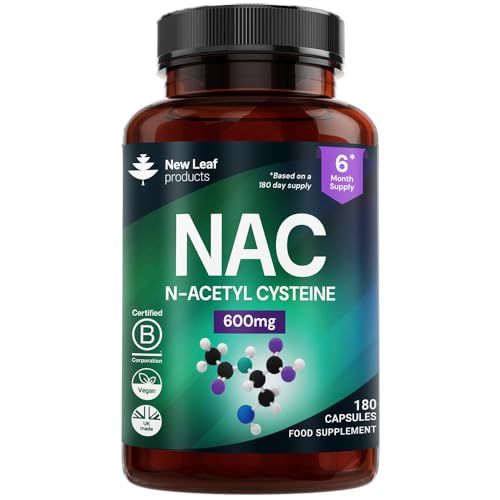 NAC N-Acetyl-Cysteine 600mg Capsules N-Acetyl Cysteine Nutritional Supplements 180 NAC Capsules - Nac Supplement High Bioavailability Amino Acid - Vegan Friendly - Made in UK by New Leaf