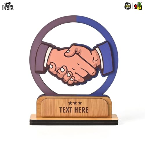 Image of GKD Personalized Wooden Handshake Memento Trophy | Partnership Award for Corporate Gifts, Dealer Meets & Business Achievements | Custom Name & Text | Office Desk Decor (Personalized)