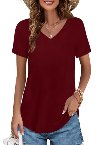 Image of Elesomo Womens T Shirts V Neck Summer Short /Long Sleeve Cotton Tops Tees
