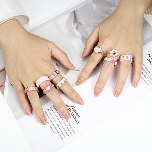 Subiceto 9 Pcs Chunky Y2K Rings For Women Colorful Resin Acrylic Rings Funky Evil Eyes Butterfly Heart Flower Yin Yang Rings,Aesthetic Statement Knuckle Rings Set For Women Pink #TOP4