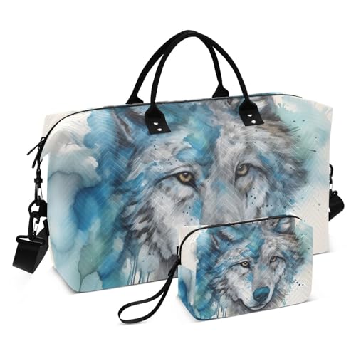 Large Travel Duffel Bag, Wolf Head Blue Sports Tote Gym Bag, Shoulder Weekender Overnight Bag for Women Men, Carry On Luggage with Toiletry Bags