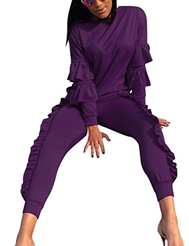 image for KANSOON Women 2 Pieces Outfits Puff Sleeve Top and Long Flounced Pants