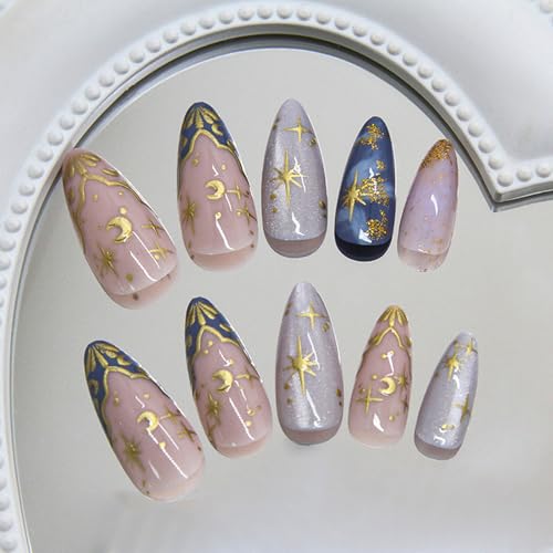 Press on Nails Short Almond - Glossy Blue Marble Design
