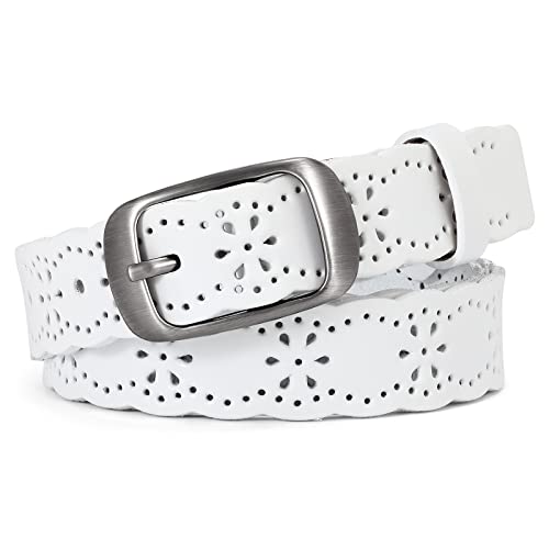 Women Genuine Leather Flower Leather Belt for Jeans Pants, Soft Leather with Solid Pin Buckle