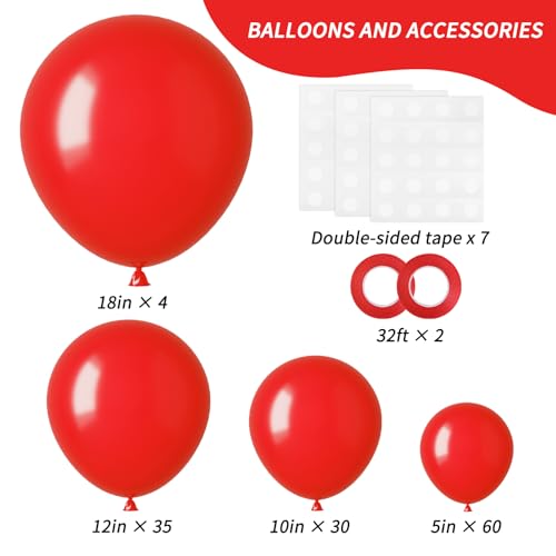 Image of RUBFAC Red Balloons 129pcs Different Sizes 18 12 10 5 Inch for Garland Arch Kit, Latex Balloons Wedding Anniversary Casino Bachelorette Citizenship Birthday Party Decorations