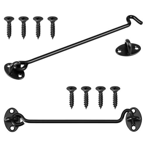 2 Pcs Hook and Eye Latch 10 Inch Black Latch Hook Heavy Duty Solid Thicken Gate Latch and Door Latch with Mounting Screws Gate Hook for Sliding Door Outdoor Window Wooden Fence