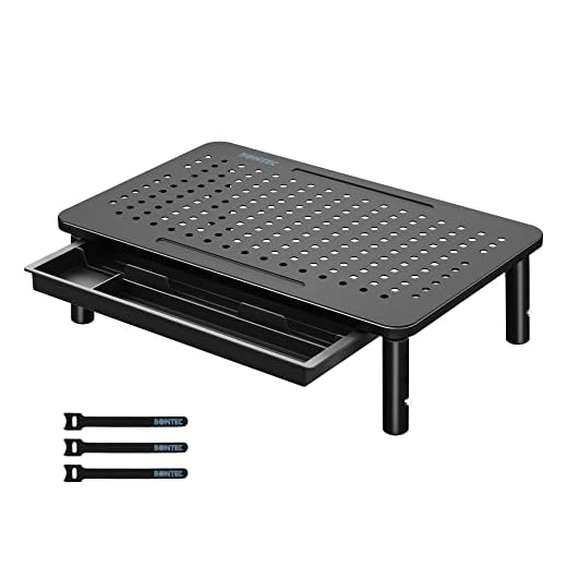 BONTEC Soporte Monitor con Cajón, Elevador Monitor Ajustable en 3 Alturas para Escritorio con Plataforma de Malla para Computadora Portátil, iMac, Impresora, Máx 20 kg, Bridas de Cable