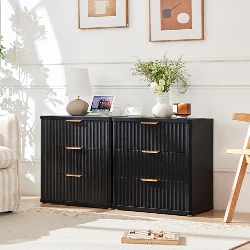 Image of LEYAOYAO 23 inch Wide Fluted Farmhouse Night Stand Set of 2 with Charging Station, 3 Drawers Large End Table w /Metal Handle,Black Nightstand Bedside Table,Wood Dresser for Bedroom, Closet