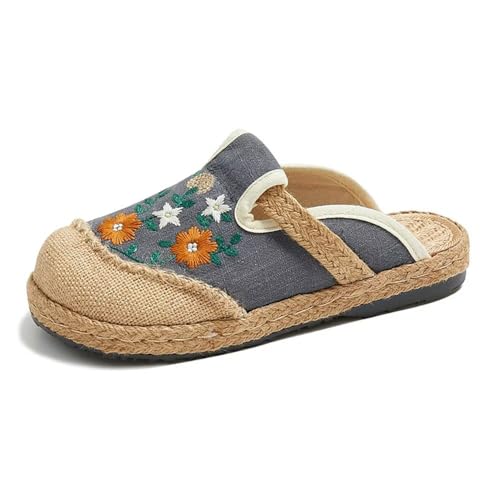 Hee grand Women's Embroidered Espadrilles Slip On Mule Slippers Ethnic Style Cotton and Linen Flats Retro Chinese Style