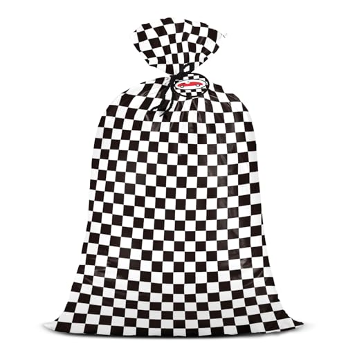WRAPAHOLIC 56 Extra Large Checkered Racing Plastic Gift Bag - Classic Checkered Race Car Jumbo Bike Bag Gift Wrap for Boys Happy Birthday Party Decorations - 56 H x 36 W