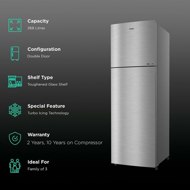 Image of Haier 268 Litres 2 Star Frost Free Double Door Convertible Refrigerator with Turbo Icing REF HRF-3182BIS-P, Inox Steel