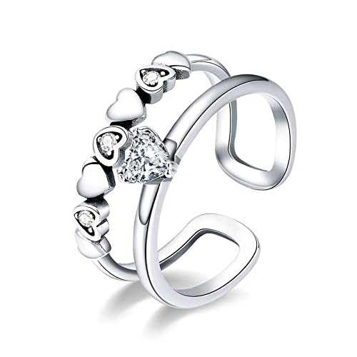 Bague ouverte coeur en argent et zircon cubique brillant éclatant