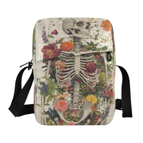 Crossbody Bag Gothic Skull Skeleton Newspaper Flower Messenger Bag for Women Men Purse Shoulder Bag Satchel Bag with Adjustable Strap 214B9388