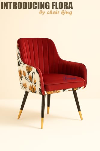 Image of Designer Accent Chair with Floral Printed Back & Footstool | Velvet Lounge Chair for Living Room, Makeup Vanity & Bedroom. (Red Floral Set)