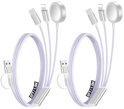 Image of 2Pack Travel Essentials for Apple Watch Charger,3-in-2 Multi Charging Cable | Cruise Vacation Camping Essentials for iPhone Charger,Type C /Lightning for iWatch,iPhone 17-12,Xbox Series X&S-5FT Purple