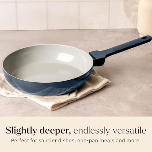 Image of Ember Cookware Arcilla Ceramic Frying Pan 24 cm | 5-Year Warranty | 75% Less Oil Usage | Lightweight, Non-Toxic Non-Stick Ceramic Frypan | Matching Handle- Gas Compatible | ISI Certified | Blue