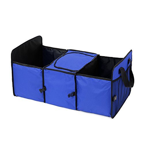XXQQ Oxford Fabric Vehicle-mounted Containing Box, 3-Compartment Collapsible Car Trunk Organizer, Auto Storage Packing Carton With a Cooler Bag, Blue Color