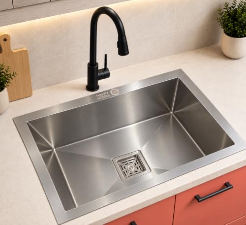 Image of HAPPY HOMES HAPPY HOMES 24x18x10 Inch Kitchen Sink 100% Stamped 304 Grade Stainless Steel with Nanocoated Undercoating, Sound Dampening |Square Coupling and Metal Fruit Basket | 25 Years Warranty