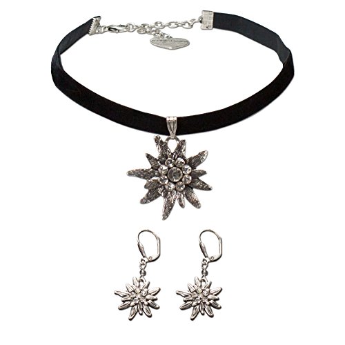Preisvergleich Produktbild Alpenflüstern Trachtenschmuck-Set Trachten-Samt-Kropfband und Ohrhänger Strass-Edelweiß - Damen-Trachten-Schmuck, Trachtenset Trachtenkette und Trachten-Ohrringe schwarz SET017