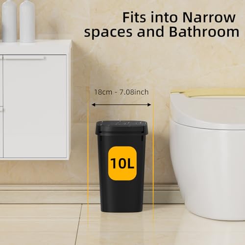 3 pack bathroom small trash can with lid 26 gallon slim garbage bin with pop-up lid 10l plastic wastebasket for bedroom office kitchen toilet matte black