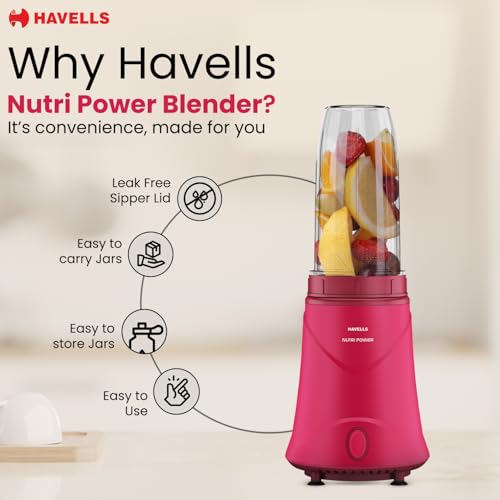 Image of Havells Nutri Power Blender 350 W Mixer Grinder| 1 Speed Switch| Leak Free Sipper Lid| Air Vent Technology| Stainless Steel Blade| 2Yrs Manufacturer Warranty (Pink)