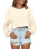 Imily Bela Cropped Sweaters for Women Lantern Long Sleeve Crop Top Slouchy Trendy Loose Crewneck Pullover Sweater Off-White