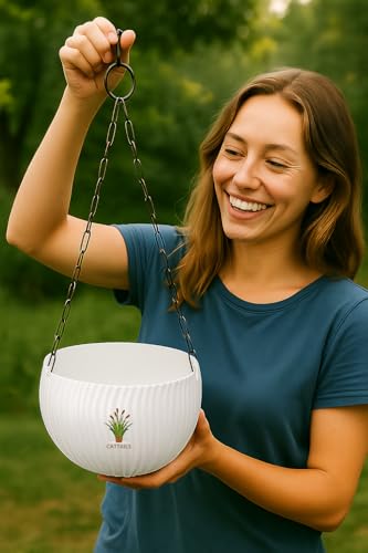 Image of Hanging Flower Pots with Chain - Set of 4 | Eco-Friendly White Plastic Planters for Balcony, Indoor & Outdoor Use | Round Ribbed Design (White, 4 Pieces)