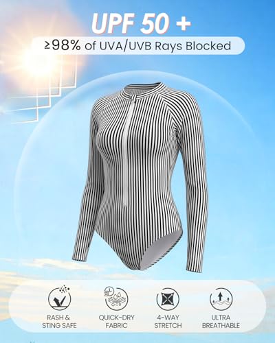 Image of Century Star UPF 50+ Long Sleeve Swimsuits for Women - Rash Guard Modest High Neck Surf One Piece Full Coverage Bathing Suit