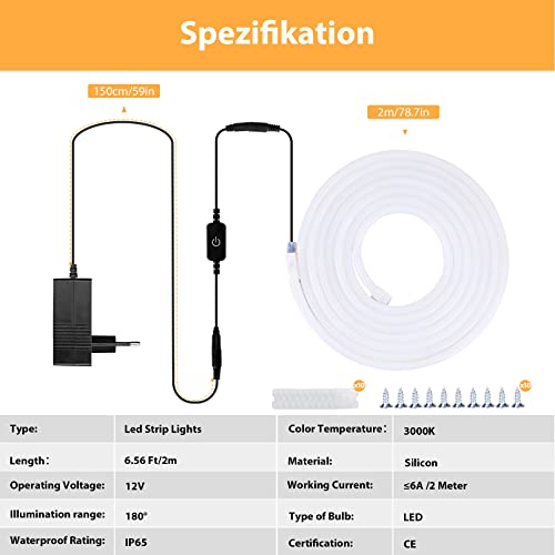 Lamomo LED Strip 2M, Warmweiss 12V Dimmbar Neon LED Streifen, Wasserdicht 3000K LED Lichtband, Led Leiste Silikon DIY Flexibel Lichtleiste mit Netzteil und Controller für Innen Aussenbereich Deko