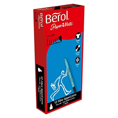Berol Colour Fine Fibre Tipped Pen with 0.6 mm Line Width - Black, Pack of 12 Cover