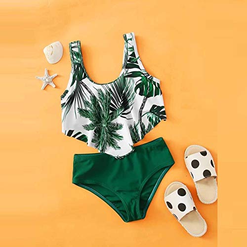Kids Girl Beach Outfits Leaves Print Swimwear Tropical Plant Printing Top Solid Color Briefs 2pcs Bikini Swimsuits2