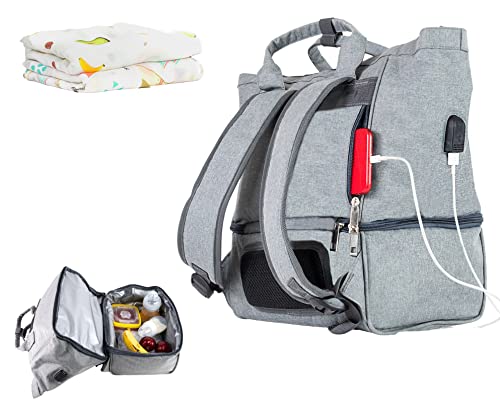 GoodVibez Mochila de pañales impermeable para mamás, con 2 mantas de algodón de bambú orgánico gratis, Gris, L, Mochila compacta y ligera para mamá