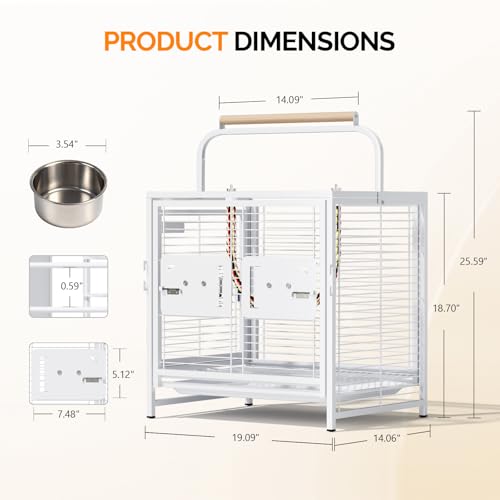 Image of VINGLI Small Bird Cage, 19 inch Travel Carrier Bird Cage with Handle, Wrought Iron Parakeet Cage with Wooden Perch for Parrot Lovebirds Finches Small /Medium Birds (White)