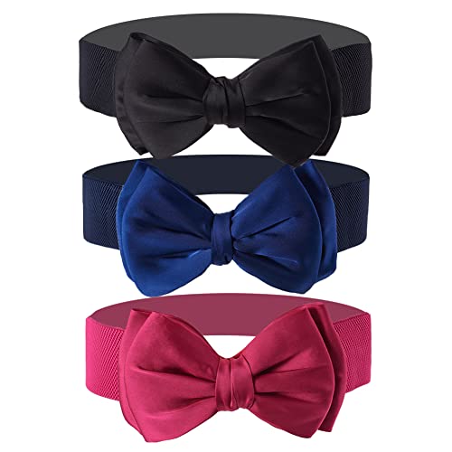 3PCS Women Satin Bow Belts Wide Stretch Elastic Belts Skinny Waist Belts for Lady Dress - Main Image