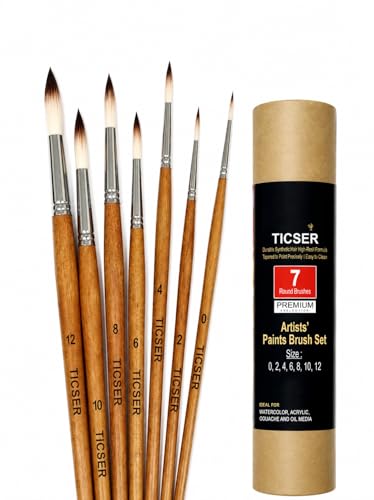 Image of Round Artist Paint Brush Set, Synthetic Hair, Wooden Handle, Sizes 0-12, Set of 7, for Watercolour, Acrylic, Gouache and Oil