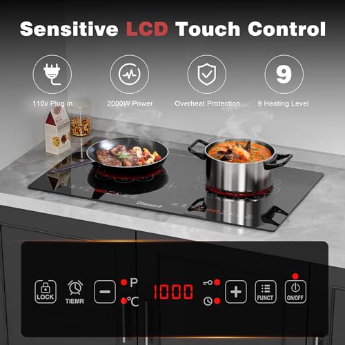 Image of 2 Burner Electric Cooktop - 24 Inch Electric Stove Built-in(23 inchx13 inch) and Countertop(24 inchx14 inch), Two Burner Ceramic Cook Top with Child Lock, Timer, Sensor Touch Control, 110V Plug in
